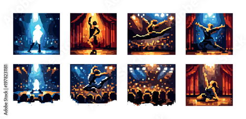 Dancers performing in various poses on theater stage grid