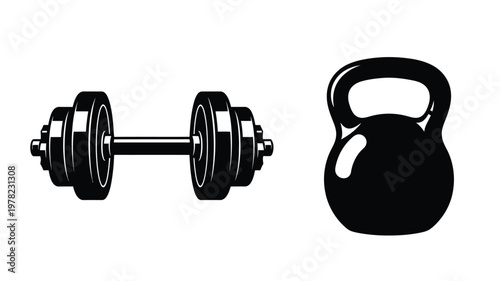 Black dumbbell and kettlebell graphic illustration fitness equipment silhouette
