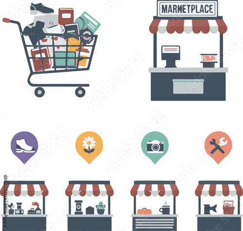 Full shopping cart beside a marketplace stall with various small vendor stands and icons for different retail businesses