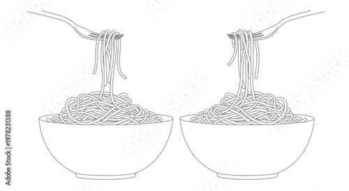Two bowls of spaghetti with forks a minimalist line drawing illustration