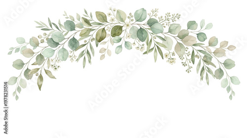 Watercolor eucalyptus garland with delicate white flowers and berries