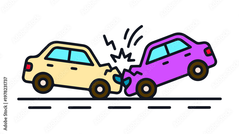Naklejka premium two cars colliding head-on in colorful cartoon illustration representing car accident and collision, two colorful cartoon cars collide front-to-front on a road, showing crash damage and impact