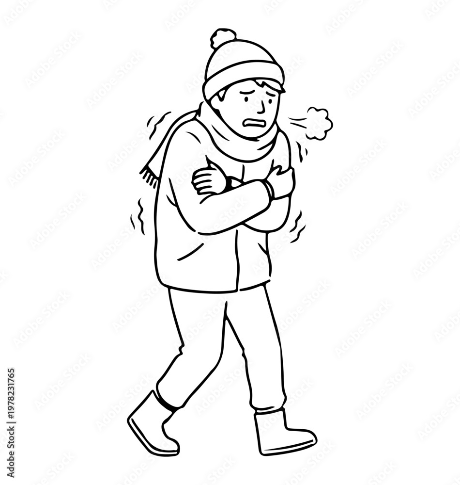 Obraz premium line art vector illustration of a person shivering because of the cold, cold person walking in the winter, walking in cold weather line art