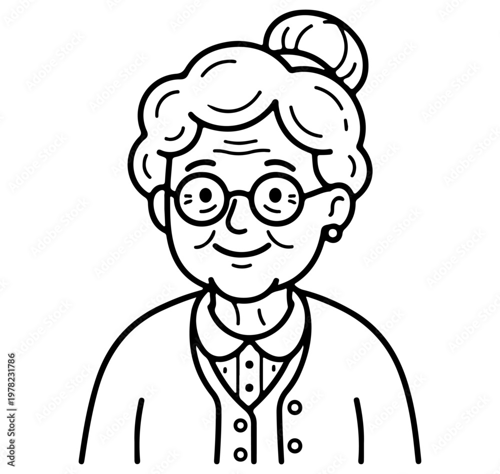 Fototapeta premium cute granny with glasses smiling simple line art vector illustration on white background