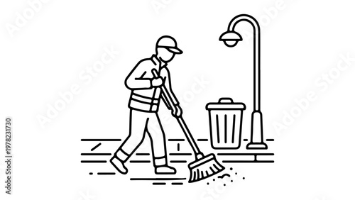vector line art illustration of a person cleaning the street