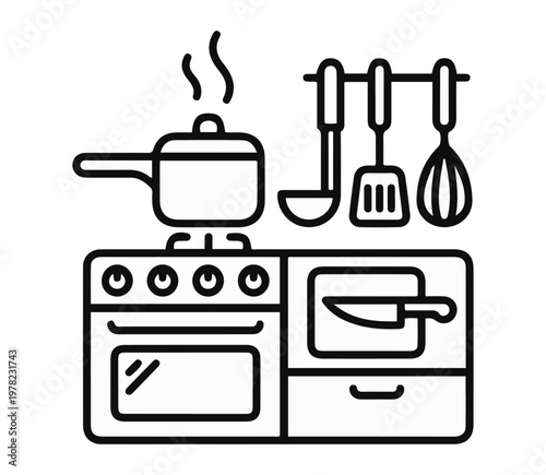 kitchen stove and cookware icon with pot, oven and hanging utensils for cooking, simple black line icon of a kitchen stove with a steaming pot on white background