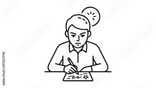 focused student writing exam paper at desk icon representing studying, concentration and test taking vector line art illustration on white background