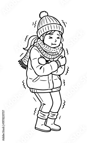 shivering woman bundled in winter clothes wearing beanie, scarf and coat feeling cold outdoors