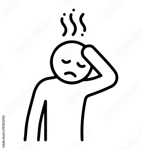 black and white line art icon of a person holding their head with wavy pain lines above, expressing headache