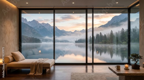 Modern luxury resort interior room with large panoramic window view of serene mountain lake, forest and mountains at colorful sunset, generative AI