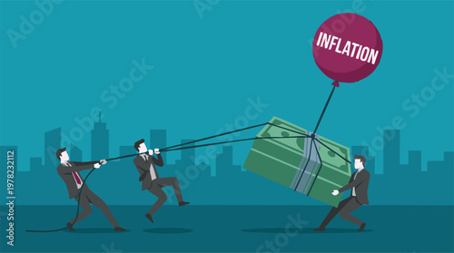 Businessmen fighting inflation by pulling down rising money stack