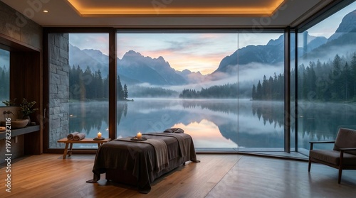 Modern luxury resort interior room with large panoramic window view of serene mountain lake, forest and mountains at colorful sunset, generative AI