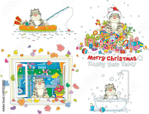 Funny cat fishing in its boat, watching autumn leaves through a window, bathing, sitting on a big pile of Christmas gifts, a set of vector cartoon illustrations on a white background