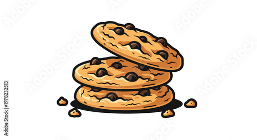 A stack of three delicious chocolate chip cookies with crumbs scattered around them on a white background.