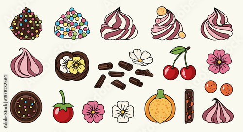 A delightful collection of colorful and decorative sweets, including meringues, chocolates, and fruit-themed candies, presented on a light background.