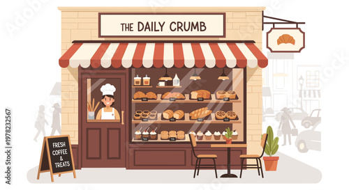 A charming bakery storefront named "The Daily Crumb" displays a variety of fresh baked goods in its window, with a baker visible inside.