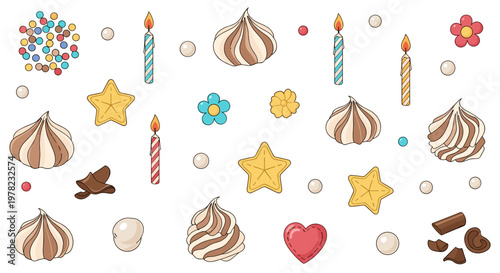 A delightful collection of sweet treats and festive decorations, including meringues, star-shaped cookies, birthday candles, and colorful sprinkles, perfect for a celebration.