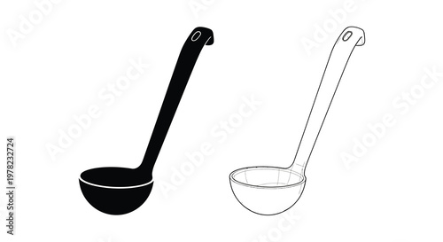 Two depictions of a soup ladle solid black and wireframe outline