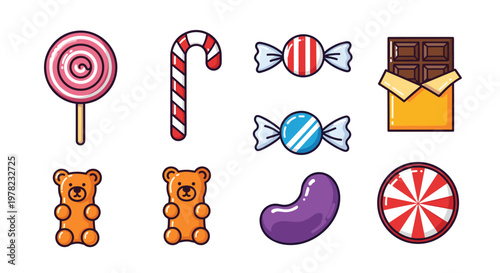 A vibrant collection of assorted candies and sweets, including a lollipop, candy cane, wrapped candies, chocolate bar, gummy bears, jelly bean, and a peppermint swirl.