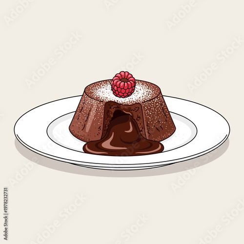 A delicious chocolate lava cake with a molten center, dusted with powdered sugar and topped with a fresh raspberry, served on a white plate.