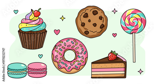 A delightful assortment of colorful and sweet treats, including a cupcake, cookie, lollipop, donut, slice of cake, and macarons, set against a light green background with small heart and star accents.