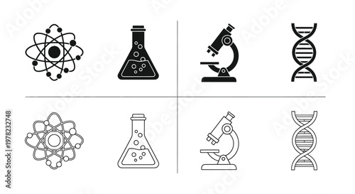 Scientific icons representing atoms flasks microscopes and dna structures