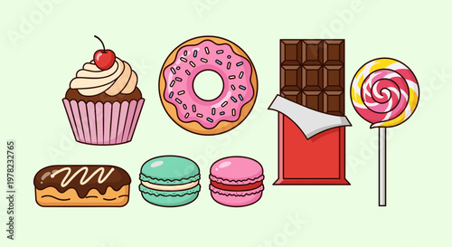 A collection of colorful and delicious sweet treats including a cupcake, donut, chocolate bar, lollipop, eclair, and macarons on a light green background.