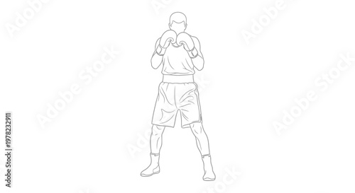 Line drawing of a boxer in a fighting stance facing forward