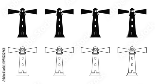 A collection of lighthouse illustrations in black and white styles