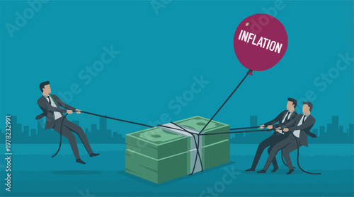 Businessmen in tug of war with inflation over stack of money, economic struggle