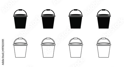 A row of black and white bucket icons against a plain white background