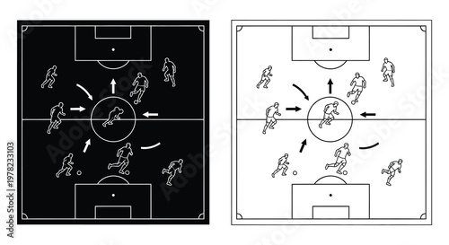 Soccer field diagrams showcasing player movements and strategic positioning
