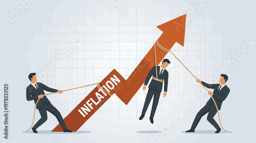 Businessmen fighting against rising inflation depicted with ropes on a graph