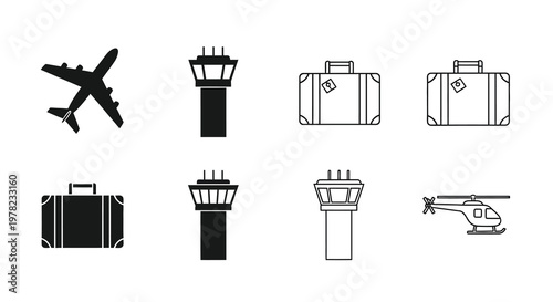 Black and white icons depicting travel elements planes luggage and airport towers
