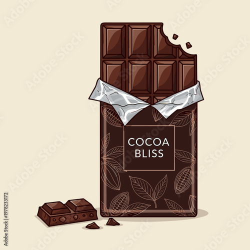 A delicious dark chocolate bar with a bite taken out, next to a few broken pieces and crumbs, set against a plain background.