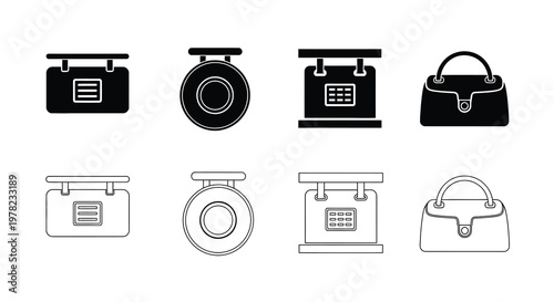 Black and white line art depicting various styles of women s handbags