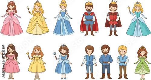 Vector Set of Princess and Prince Illustrations in Elegant Dresses and Royal Attire