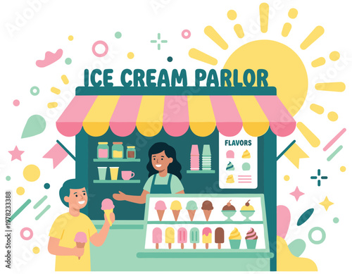 Ice cream shop storefront with seller and boy purchasing dessert. Refreshing sweets for summer season. Assortment of tasty ice creams and sundaes on display. Sweet treats and cold desserts.