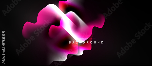 Abstract fluid shapes, vibrant pinks, whites blend against black background. Modern design element, dynamic composition.