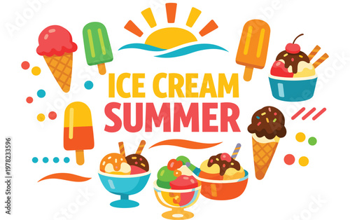 Vibrant illustration showcasing variety of refreshing ice creams and frozen desserts. colorful cones, popsicles, and sundaes evoke sweet taste of summer enjoyment and indulgence.