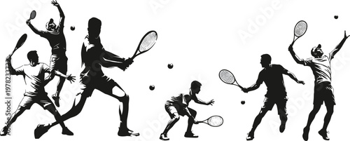 Set of Professional Tennis Player Silhouettes Performing Serves Volleys and Forehand Shots Isolated on White Background for Sports Competition Tournament and Fitness Vector Design