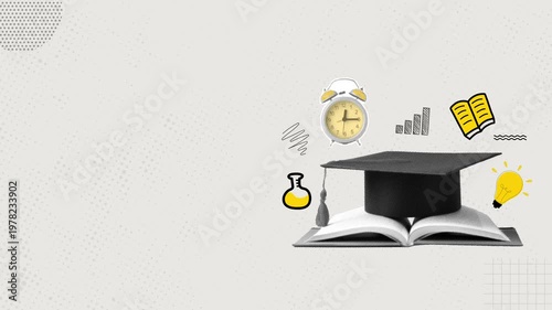 Educational collage with books, graduation cap in pop art design