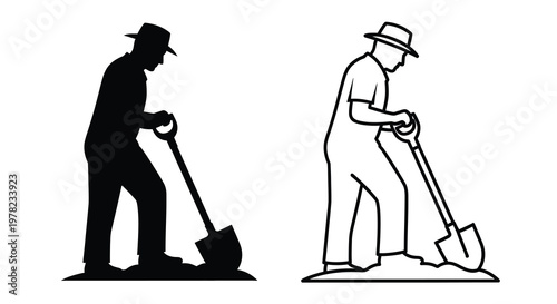 Two farmers with shovels depicted in a striking black silhouette