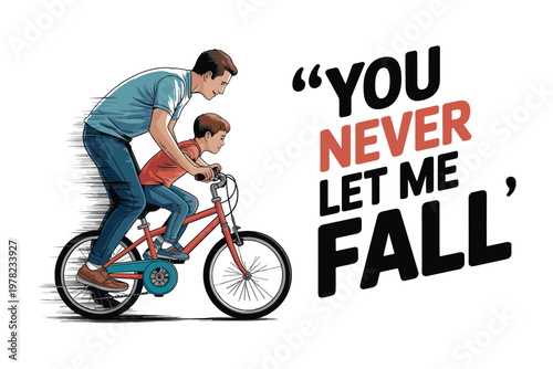 Touching fathers day illustration dad teaching son to ride a bike