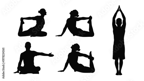 Four yoga poses and a standing stretch shown in black silhouette