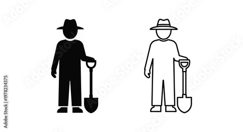 Two depictions of a farmer with a shovel one presented as a silhouette