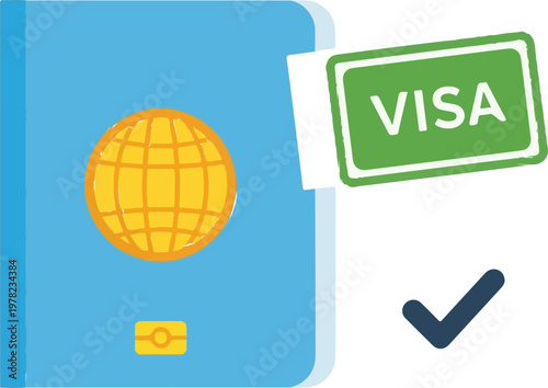 Blue international passport featuring a green visa stamp and a black checkmark indicating approved travel documentation for visitors