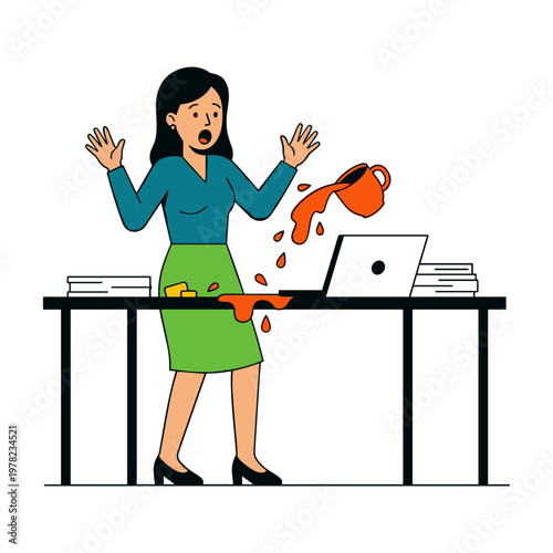 Woman spills coffee on laptop at office desk in shock