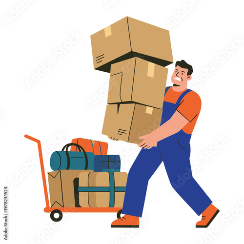 Man pushing cart stacked with boxes and luggage through warehouse loading area