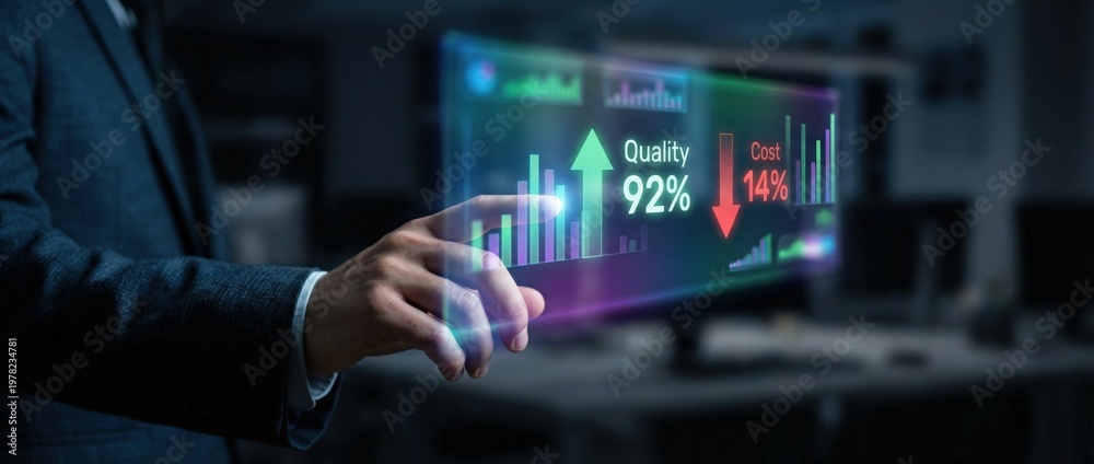 Fototapeta premium Analyzing business performance metrics corporate office digital interaction modern workspace close-up data visualization for enhanced decision-making